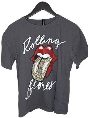 Rolling Stones Charcoal Tee with Red Lips and Leopard Tongue